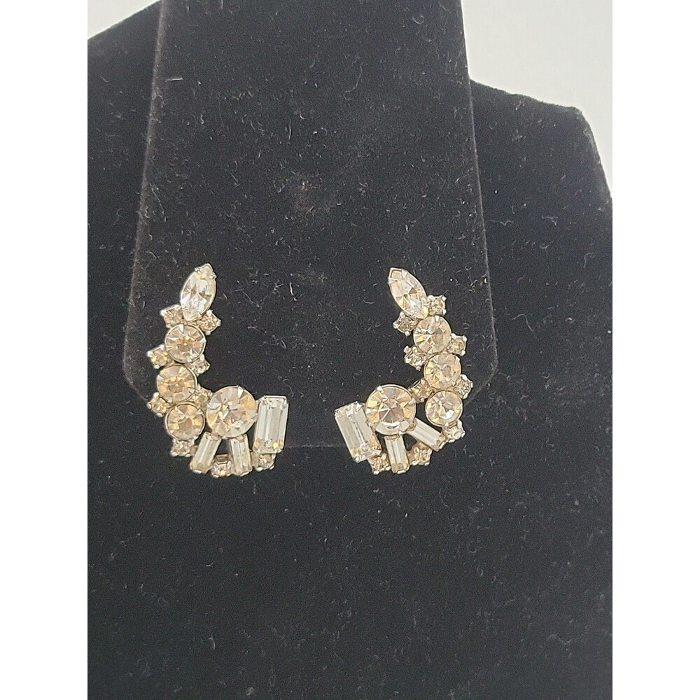 Vtg Rhinestone Huggie Clip On Earrings 1967 1960s Clear Sparkle
